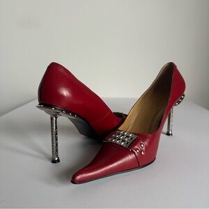 Y2K Sculptural Heel Red Pumps Crystal Buckle Avant Garde Statement Heels EU 38